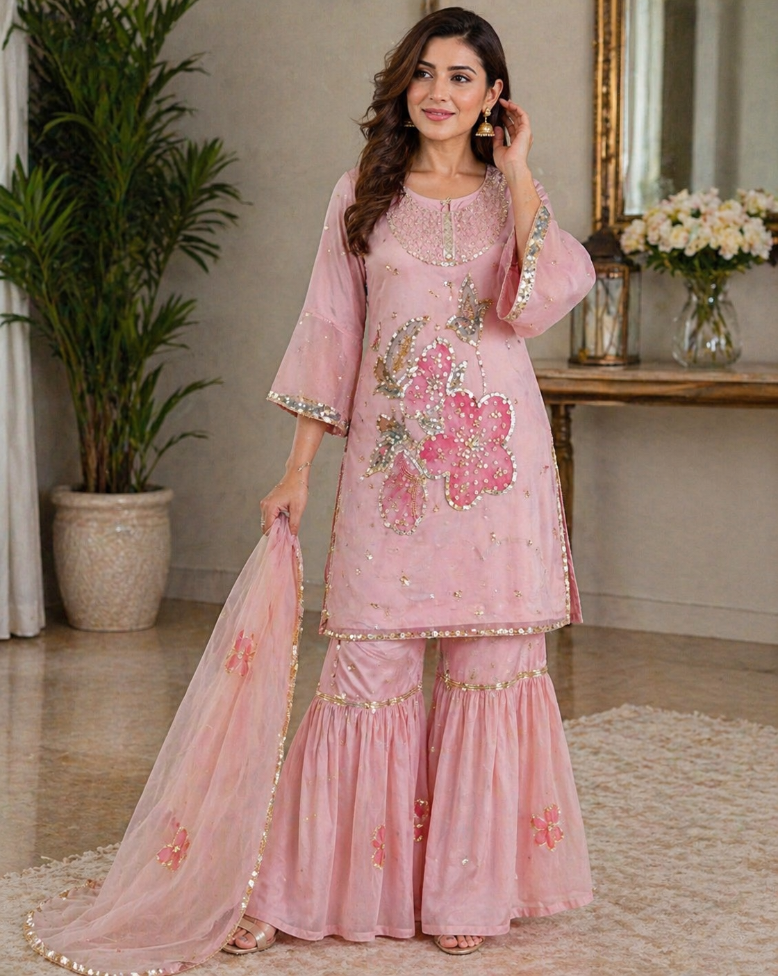 Mommy & Me Blush Pink Hand-Painted Gharara Set