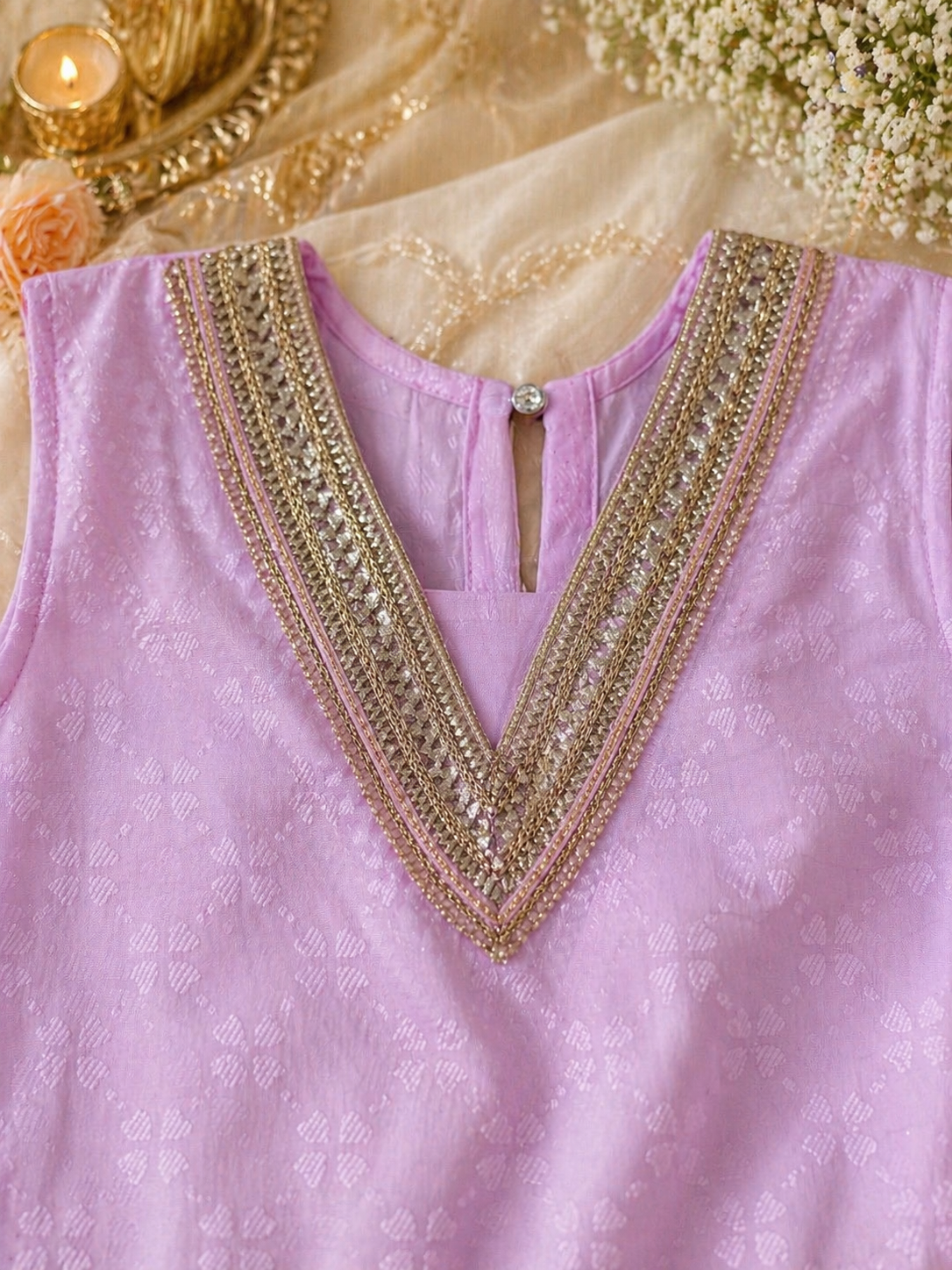Lavender & Champagne Girls Gharara Set – Short Kurti & Flared Pants (7–8 Years)