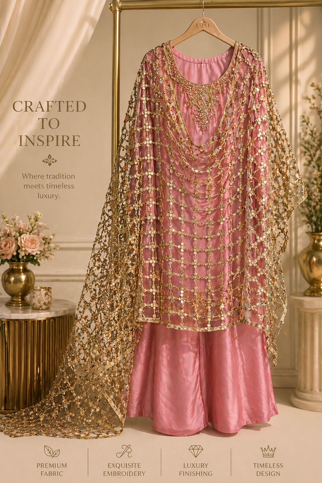 Mommy & Me Pink Embroidered Pant Kameez Set with Mirror Work Dupatta