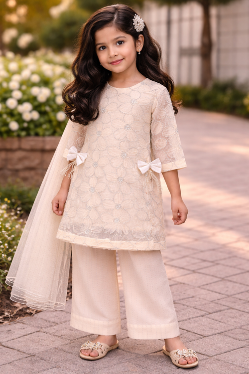 Girls Ivory Embroidered Kurta Set with Dupatta