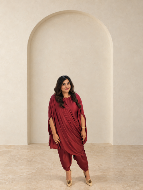 Cape Drape Co-ord Set | Raw Silk 3-Piece | Cowl Front Tunic, Harem Pants &amp; Dupatta | Crystal Beaded Sleeves