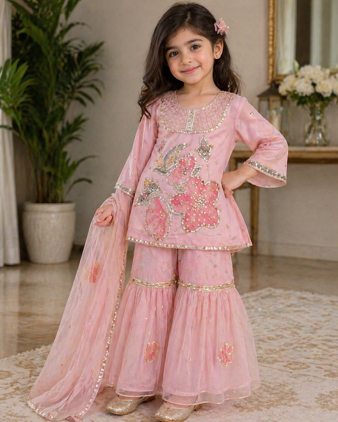 Mommy & Me Blush Pink Hand-Painted Gharara Set