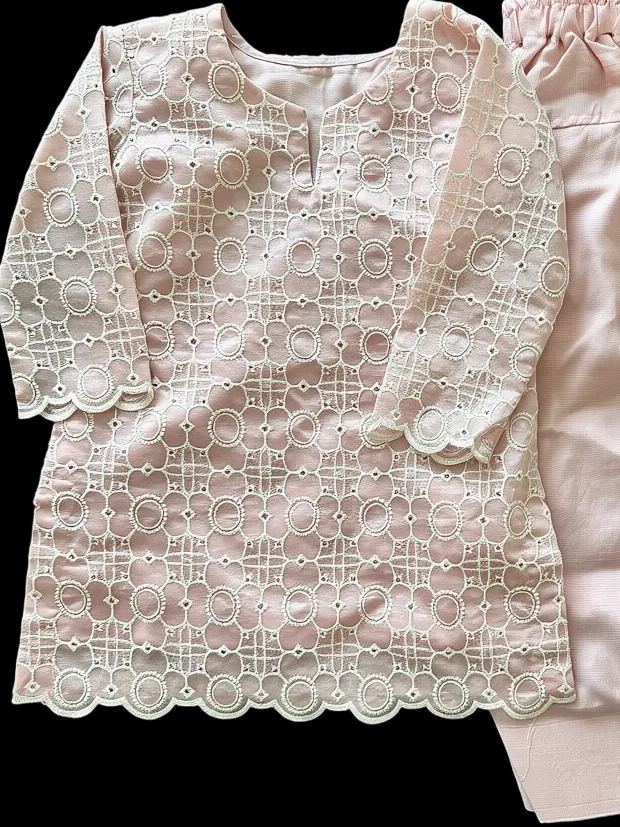 Ready to Ship from Houston Pink Pakistani Kids Outfit | Lace Kurta & Farshi Shalwar Set