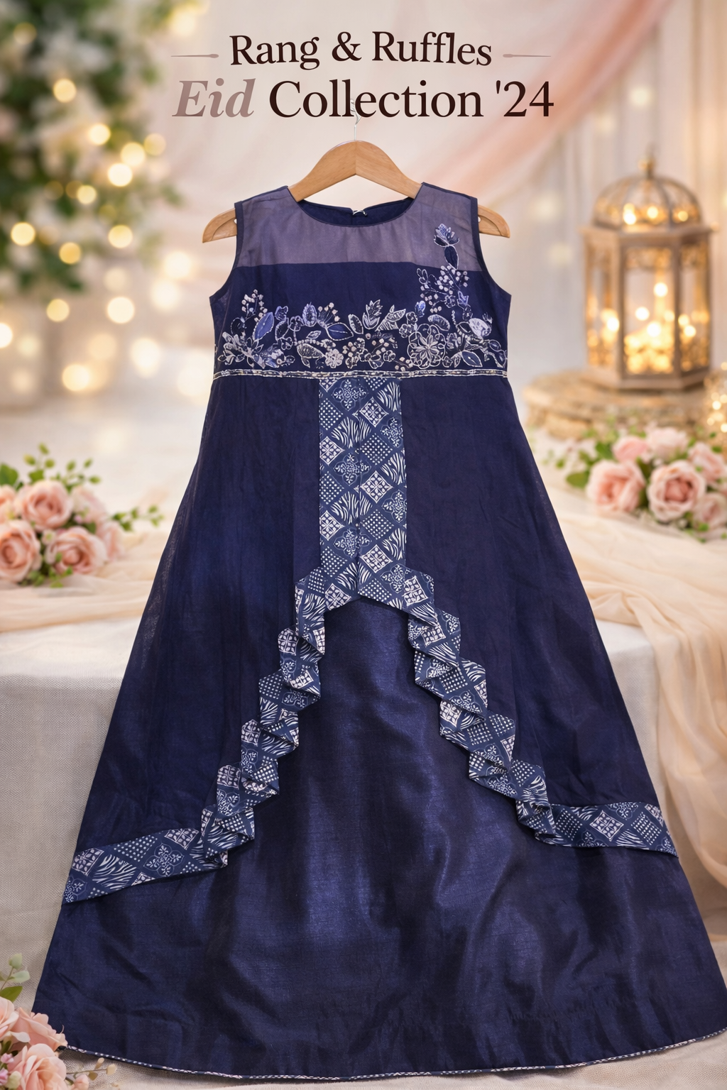 Ready to Ship Navy Blue Girls Formal Dress Set (2–3 Years) | Embroidered Party Outfit with Dupatta