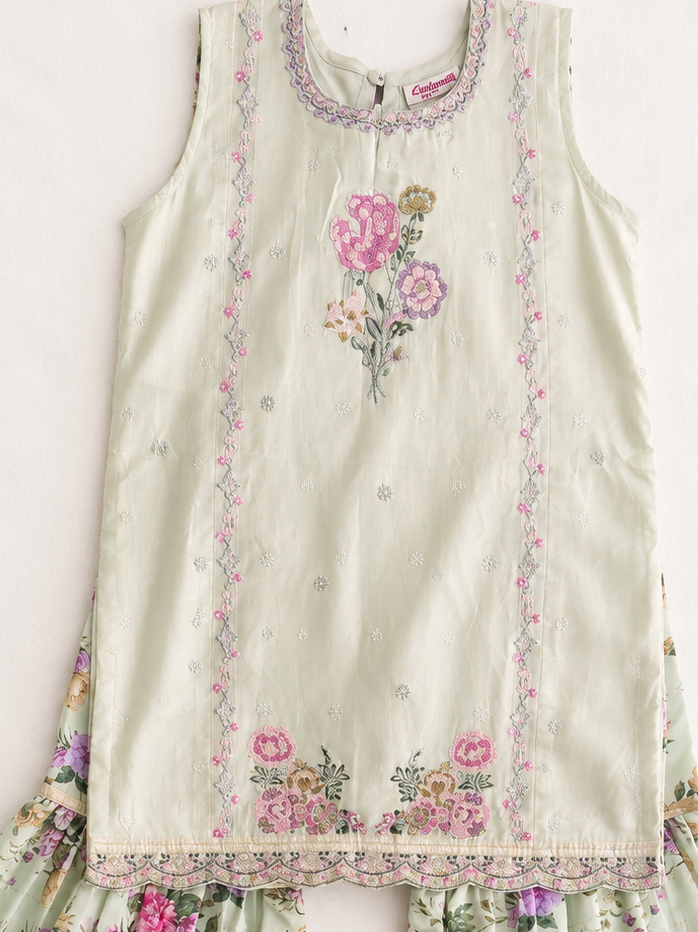 Girls' Embellished Net Sharara Set with Dupatta - Mint Green Floral