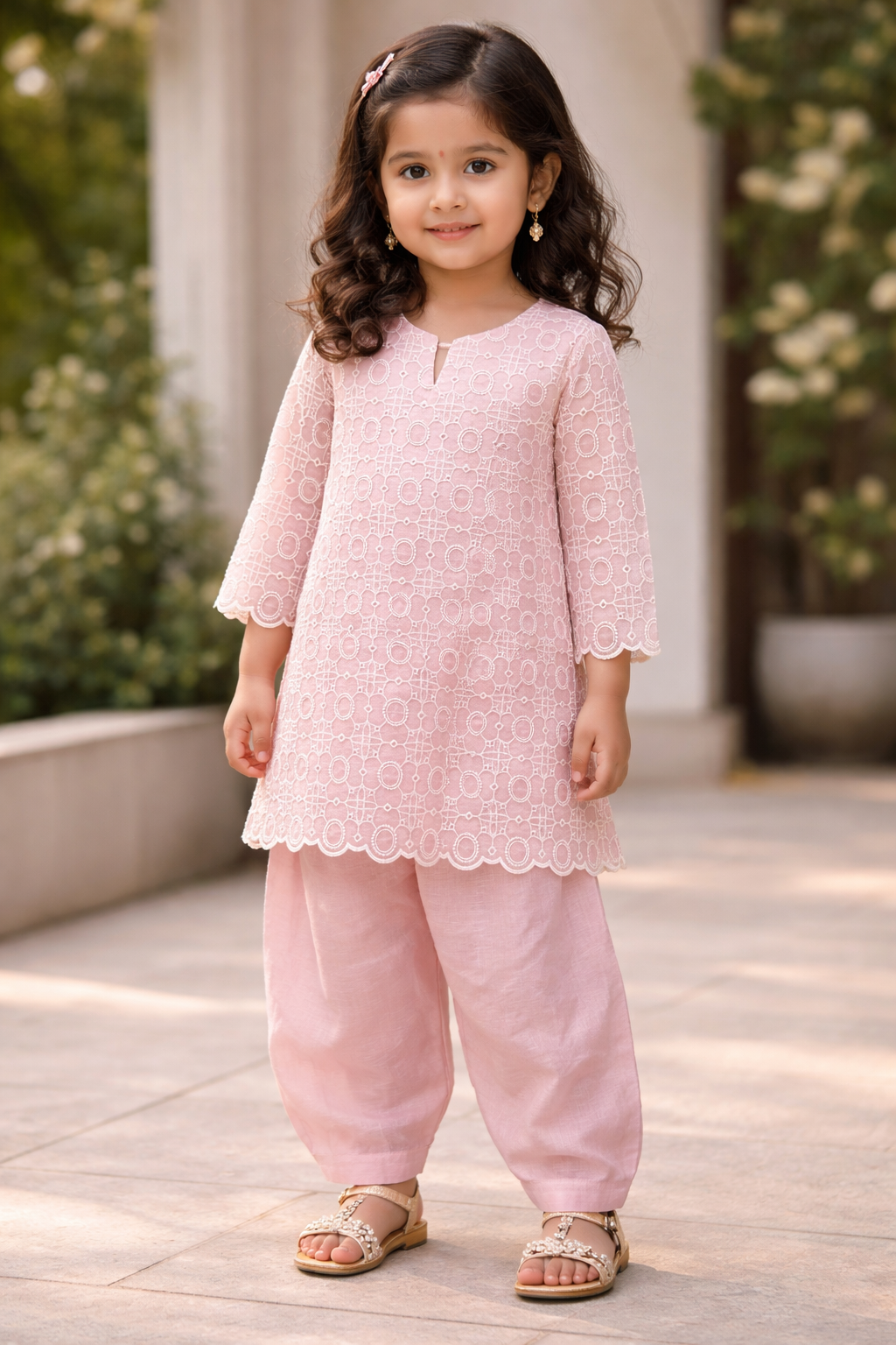 Ready to Ship from Houston Pink Pakistani Kids Outfit | Lace Kurta & Farshi Shalwar Set