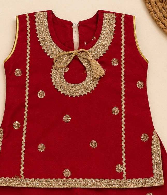 Baby Girls Red Embroidered Sharara Set with Dupatta