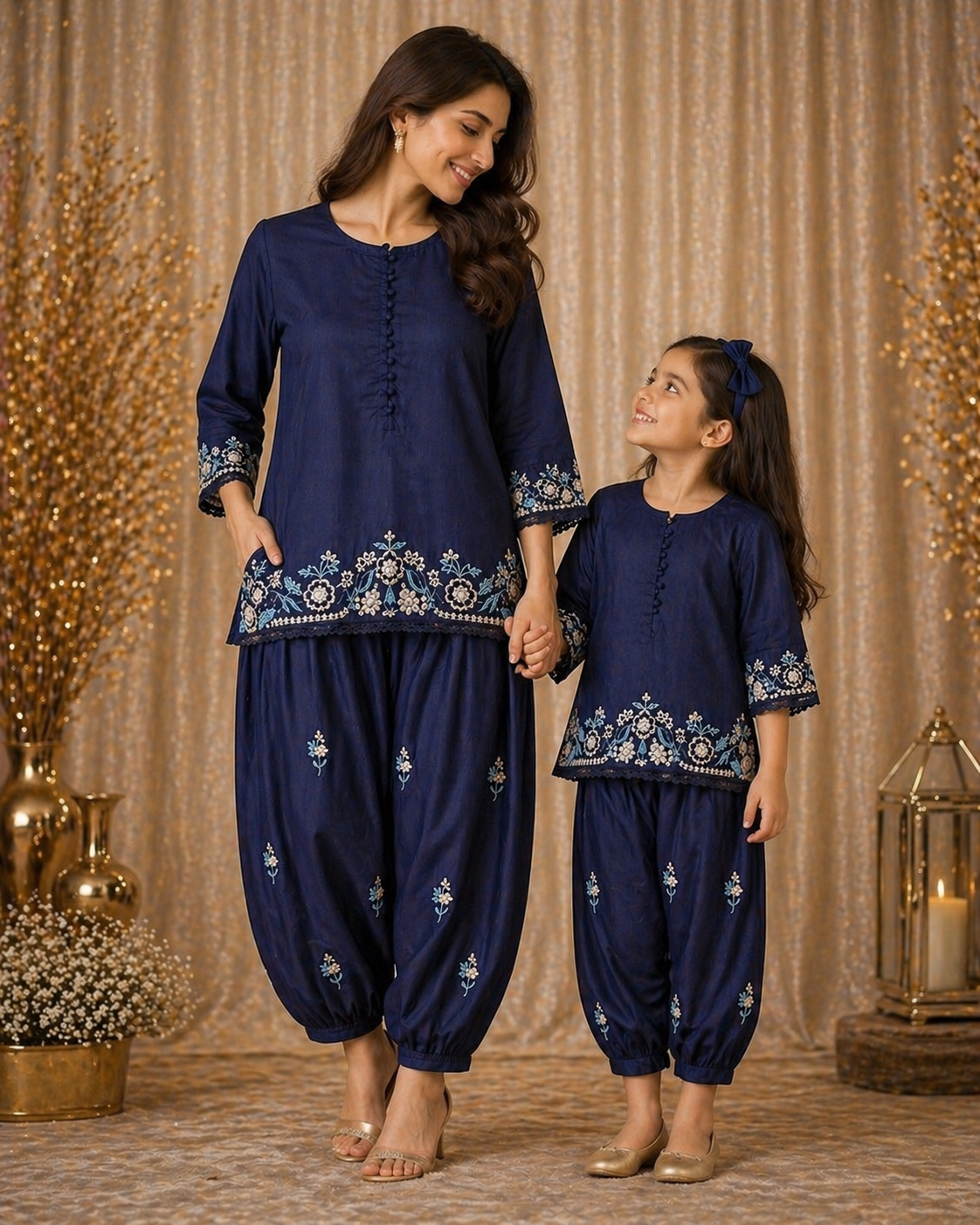 Mommy & Me Navy Blue Embroidered Kurta Set – Matching Mom & Daughter Outfit