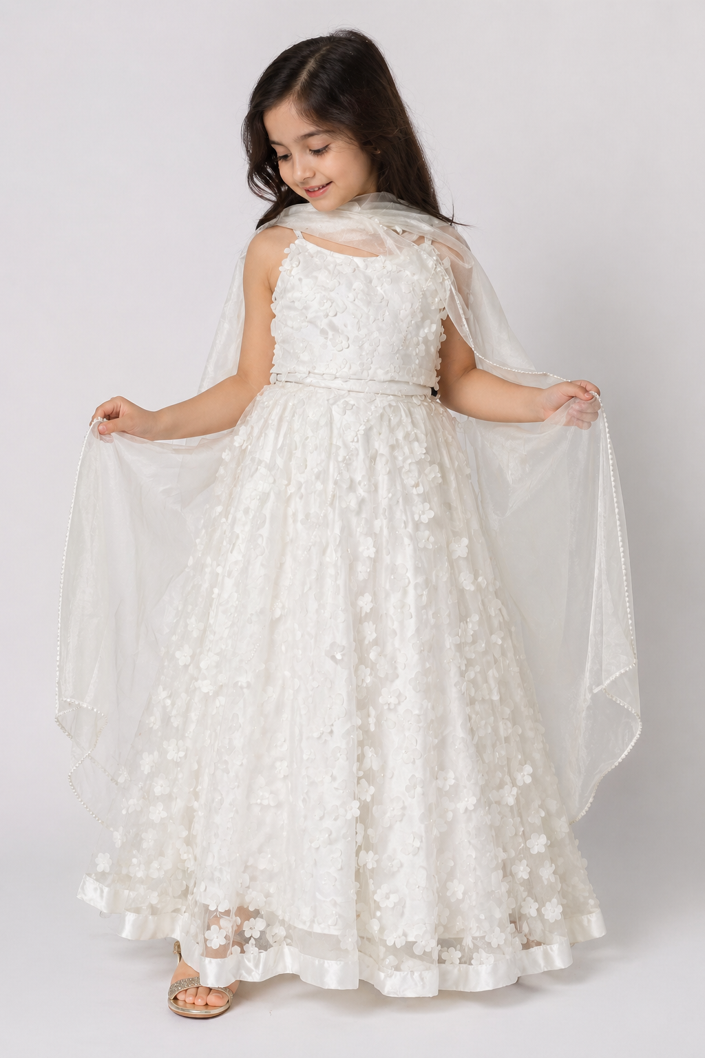 White 3D Floral Girls Dress with Dupatta
