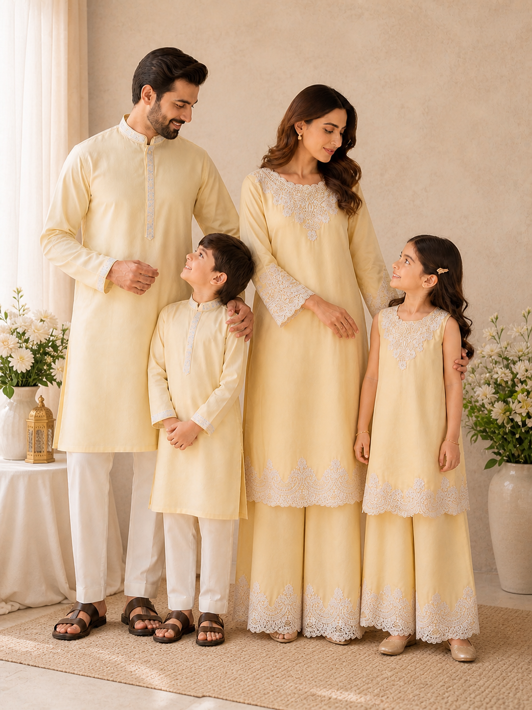 Pastel Yellow Mommy & Me Matching Outfit Set – Pakistani Embroidered Shalwar Kameez | Eid & Wedding Collection