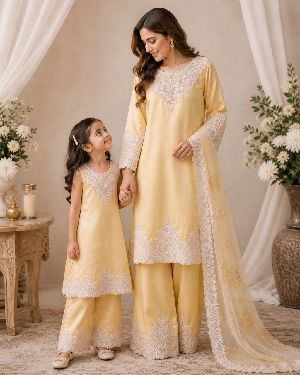 Pastel Yellow Mommy & Me Matching Outfit Set – Pakistani Embroidered Shalwar Kameez | Eid & Wedding Collection