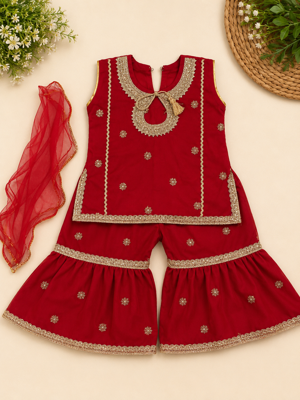 Baby Girls Red Embroidered Sharara Set with Dupatta