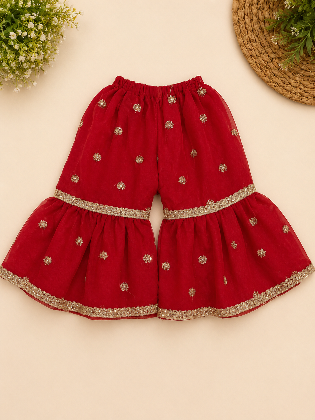 Baby Girls Red Embroidered Sharara Set with Dupatta