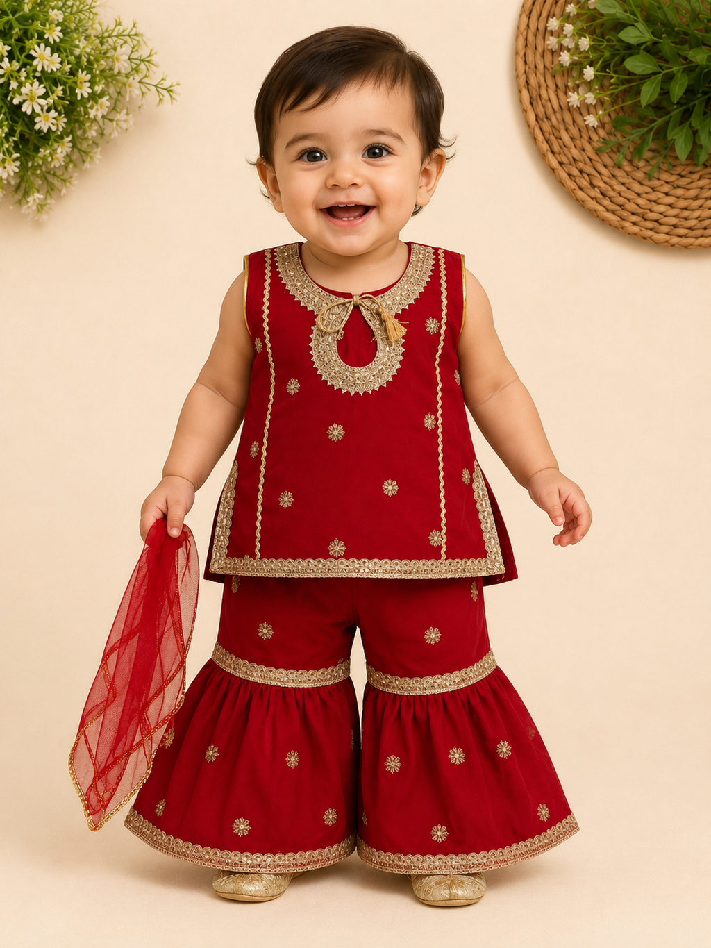 Baby Girls Red Embroidered Sharara Set with Dupatta