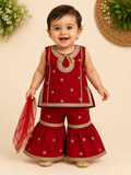 Baby Girls Red Embroidered Sharara Set with Dupatta