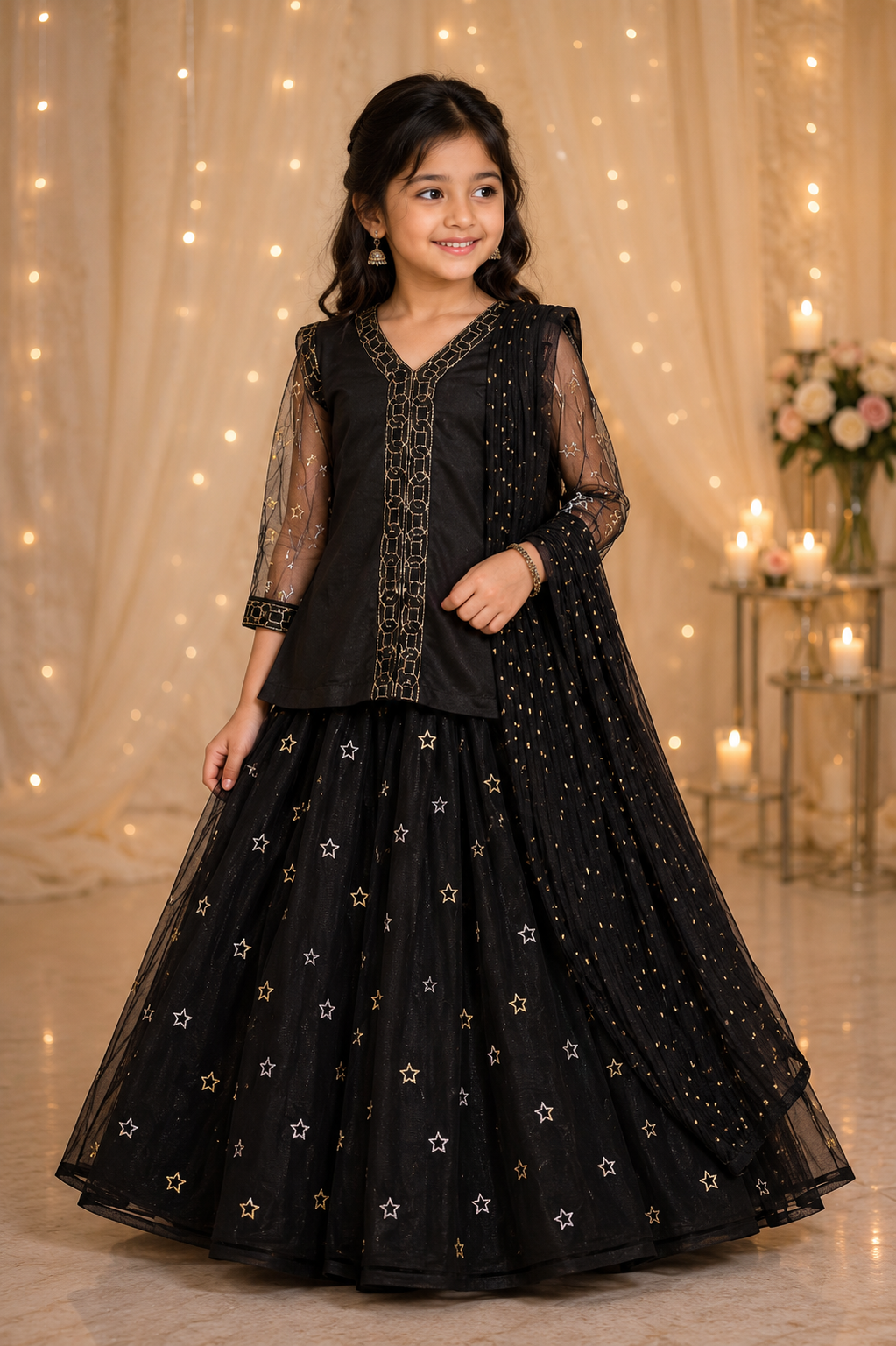 Net Sharara Set with Embroidery - Girls 8 Years
