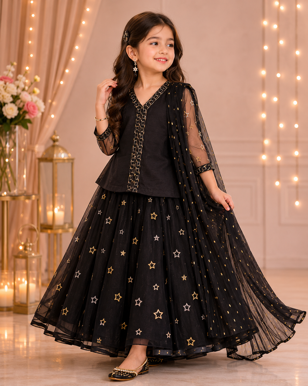Net Sharara Set with Embroidery - Girls 8 Years